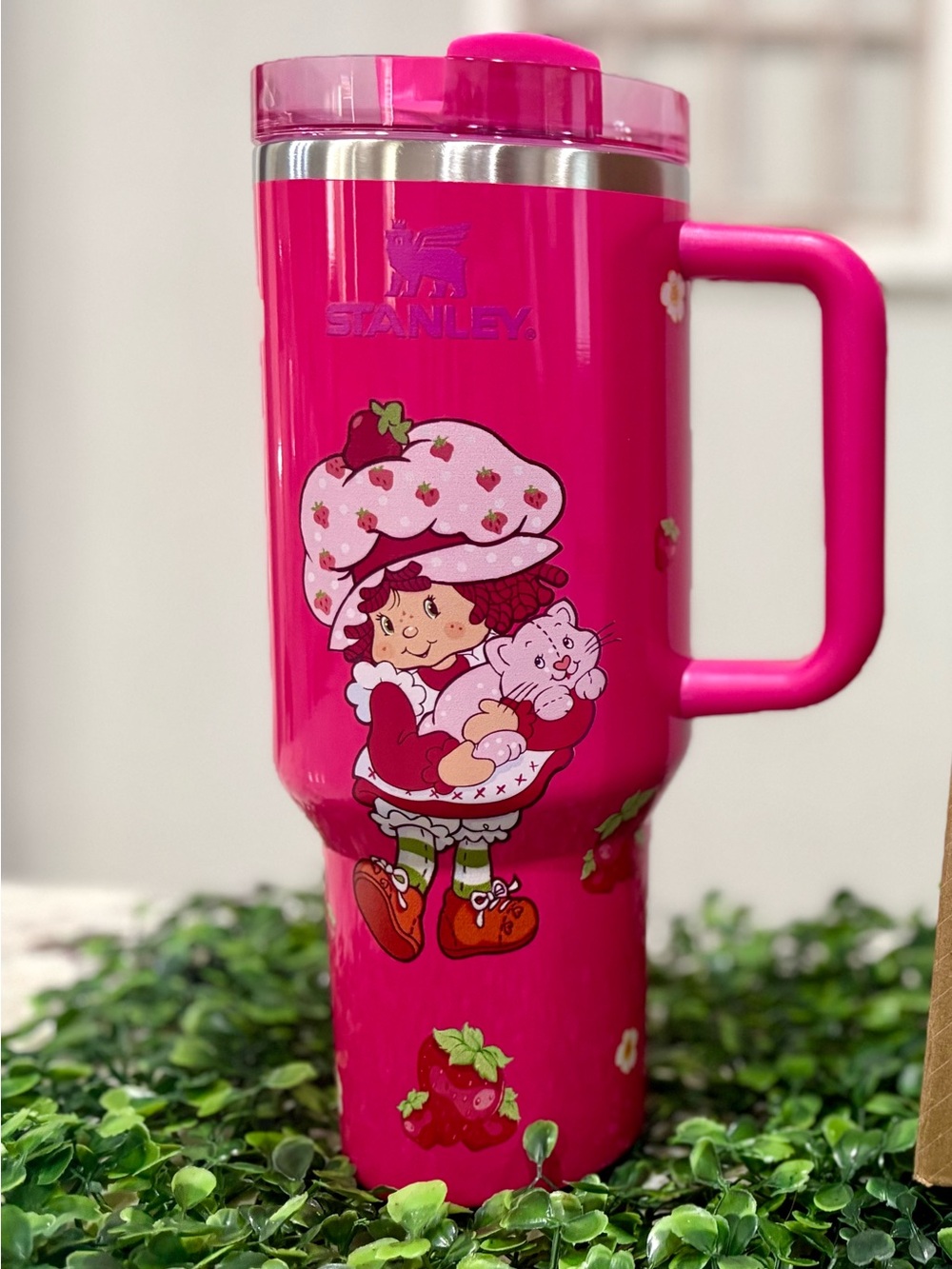 Customized hot Pink Strawberry shortcake tumbler.